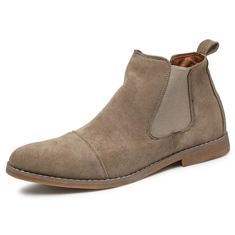 Taupe faux suede Chelsea boot with elastic side panel, shown alone | Chaps London