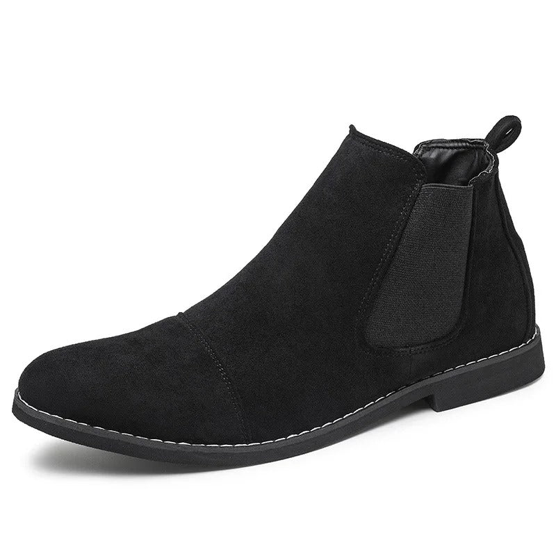 Black faux suede Chelsea ankle boot with elastic side panel, product shot | Chaps London