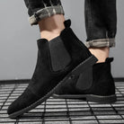 Black faux suede Chelsea boot worn by man with rolled jeans | Chaps London