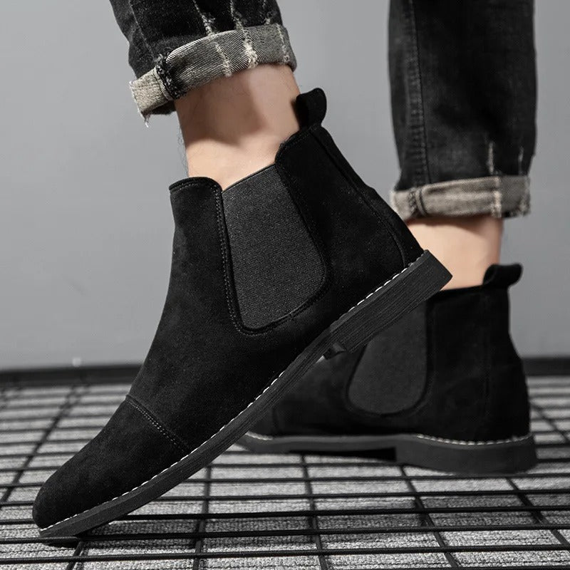 Black faux suede Chelsea boot worn by man with rolled jeans | Chaps London