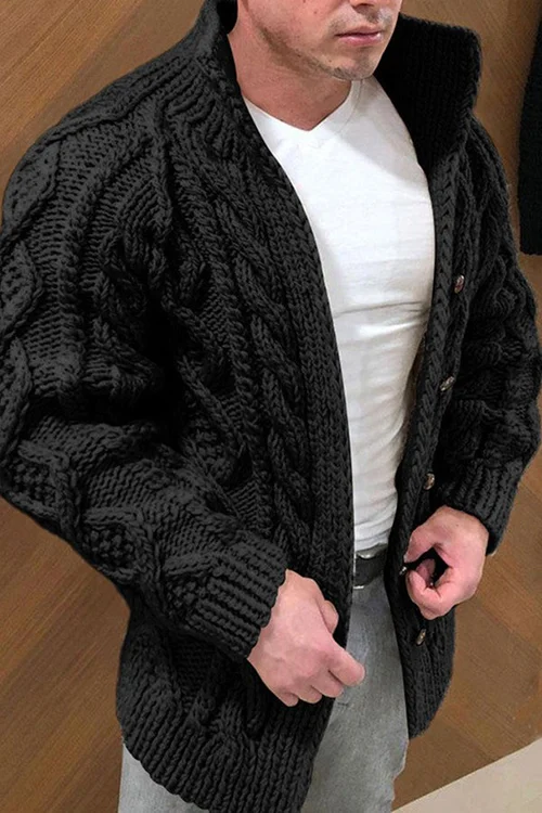 Chunky Cardigan | Warm | Cable Knit | Knitted Cardigan | Men's Cardigan -Cardigans-Chaps London-Black-M-Chaps London