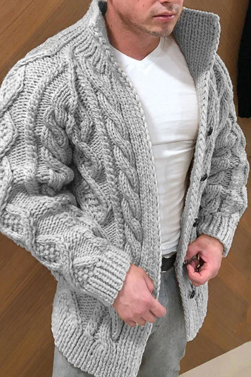 Chunky Cardigan | Warm | Cable Knit | Knitted Cardigan | Men's Cardigan -Cardigans-Chaps London-Grey-M-Chaps London