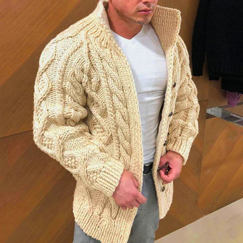 Chunky Cardigan | Warm | Cable Knit | Knitted Cardigan | Men's Cardigan -Cardigans-Chaps London-Khaki-M-Chaps London