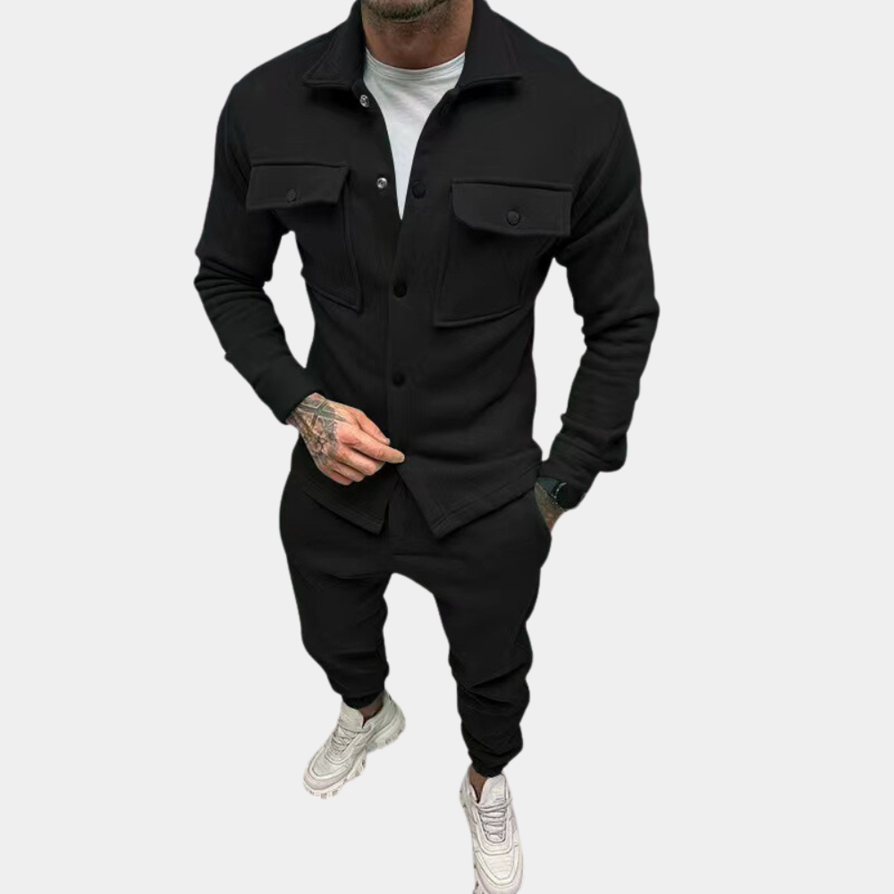 Co Ord Set - Men's Buttoned Up Long Sleeve-Outfit Sets-Chaps London-Black-S-Chaps London