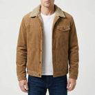 Tan corduroy trucker jacket with sherpa collar, worn by man, front view | Chaps London