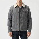 Gray corduroy trucker jacket with sherpa collar worn by man | Chaps London
