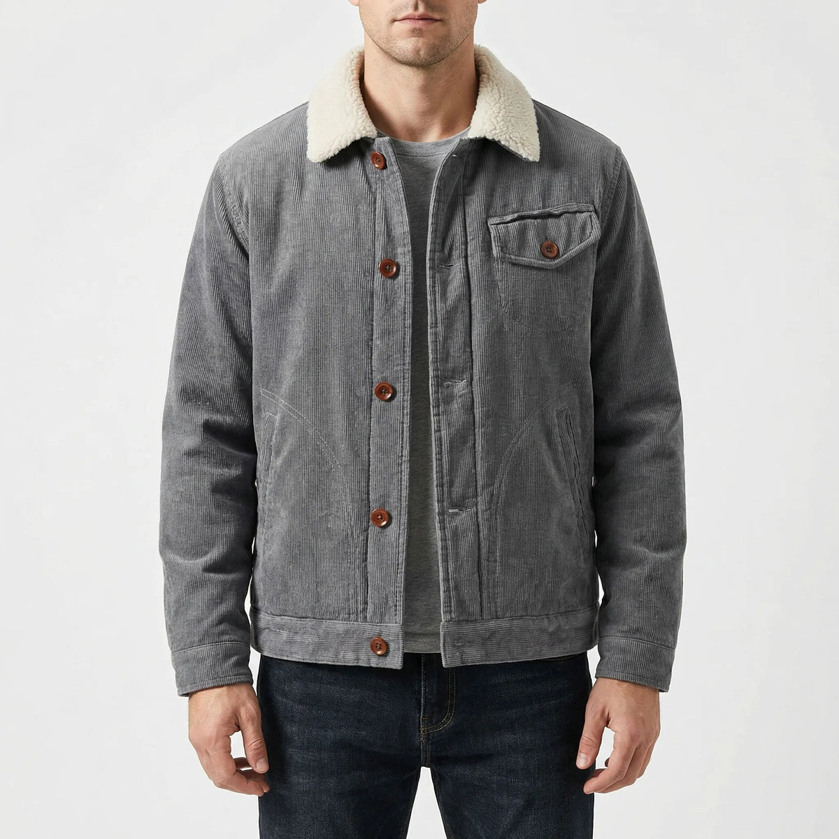 Gray corduroy trucker jacket with sherpa collar worn by man | Chaps London