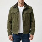 Man wearing olive green corduroy trucker jacket with sherpa collar, worn open | Chaps London