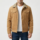 Tan corduroy trucker jacket with sherpa collar, worn by man, buttoned front | Chaps London