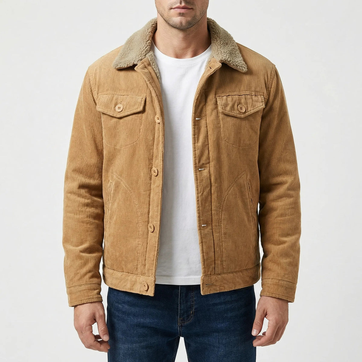 Tan corduroy trucker jacket with sherpa collar, worn by man, buttoned front | Chaps London