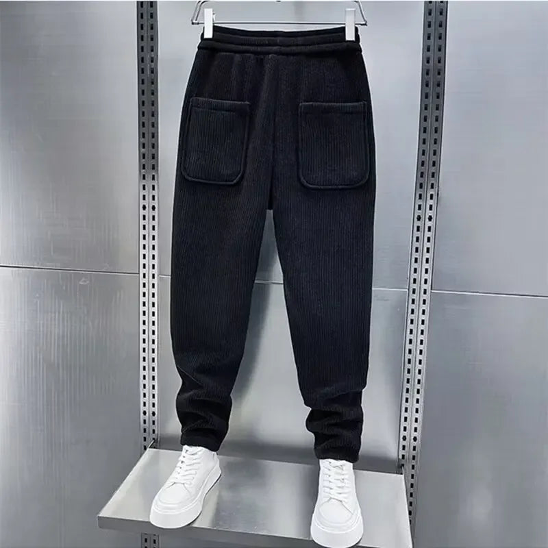 Corduroy Pants - Men's Elastic Waist Loose Fit Baggy Cord Pants-Men's Corduroy Trousers-Chaps London-Black-S-Chaps London