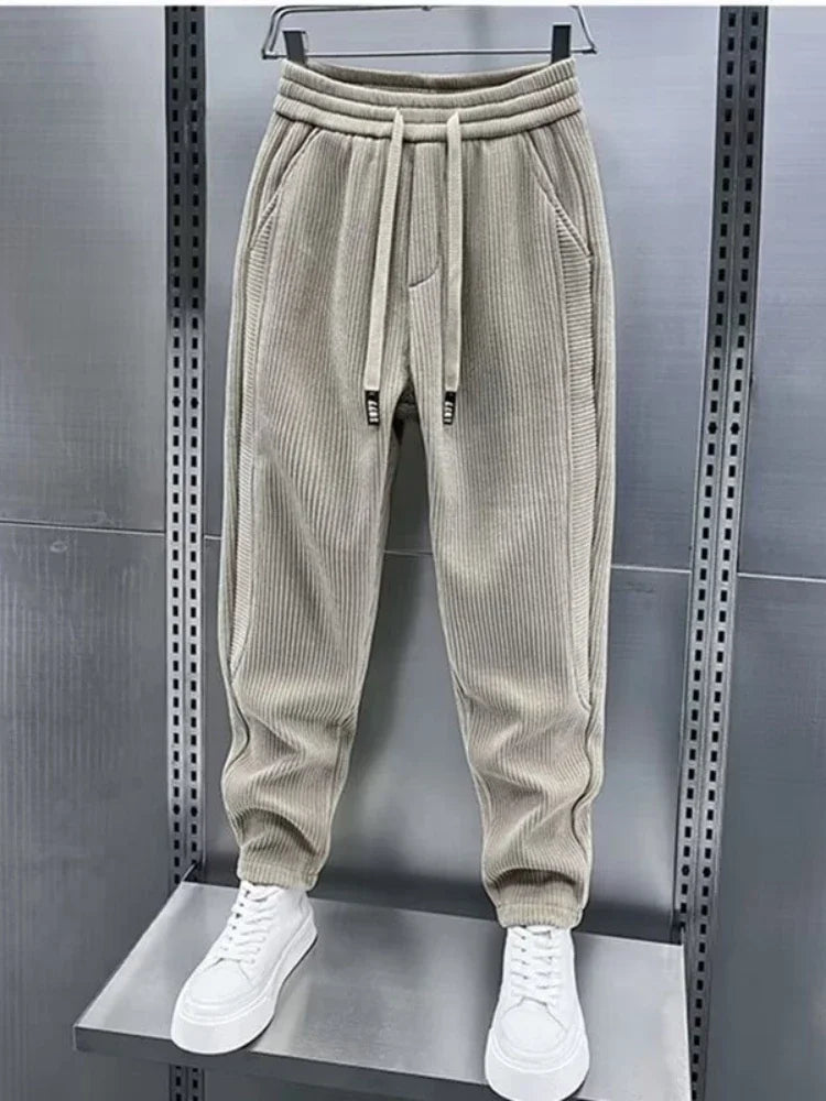Corduroy Pants - Men's Elastic Waist Loose Fit Baggy Cord Pants-Men's Corduroy Trousers-Chaps London-Khaki-S-Chaps London