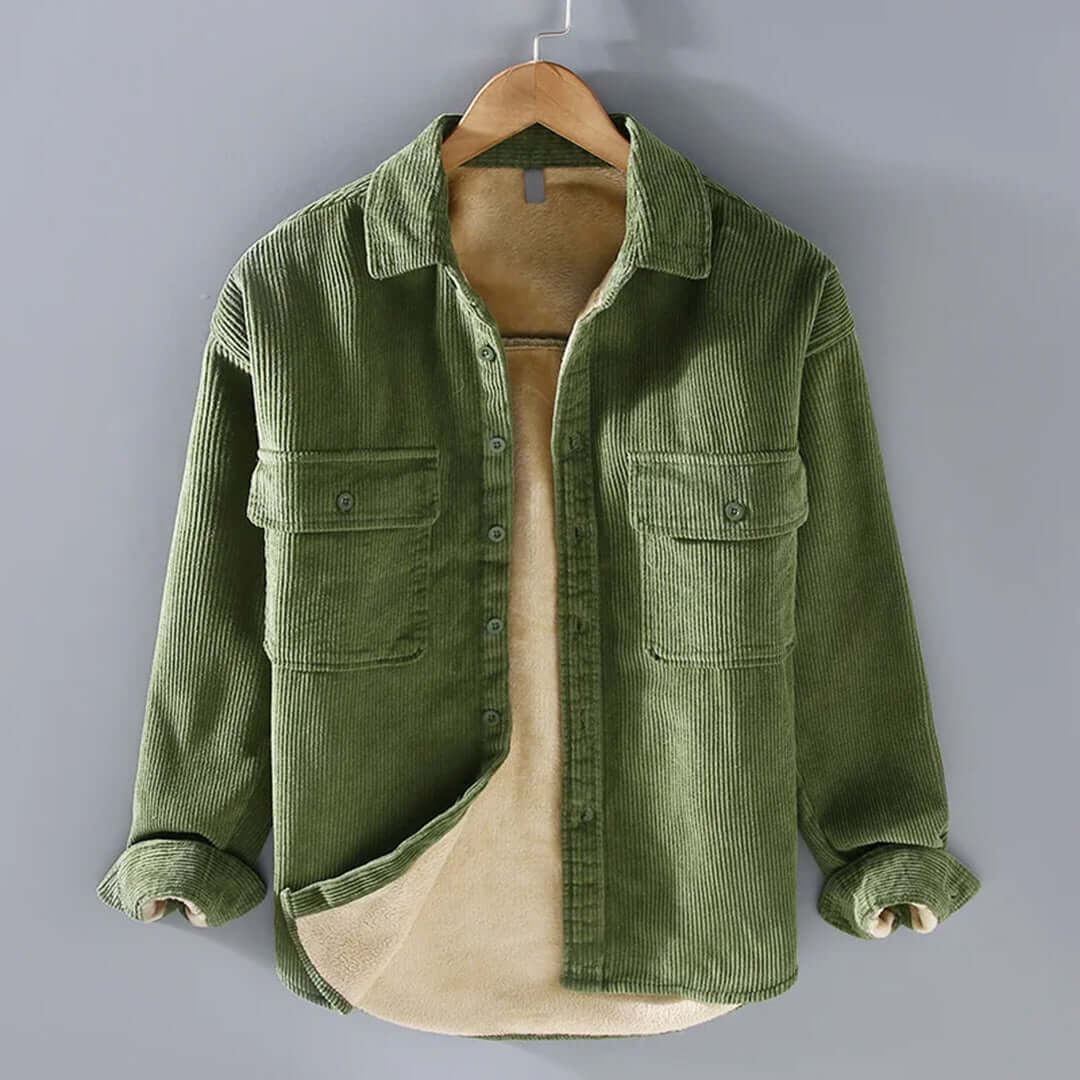 Corduroy Shirt | Fleece Lined | Button-Up | Winter Overshirt | Men's Overshirt-Overshirts-Chaps London-Green-M-Chaps London