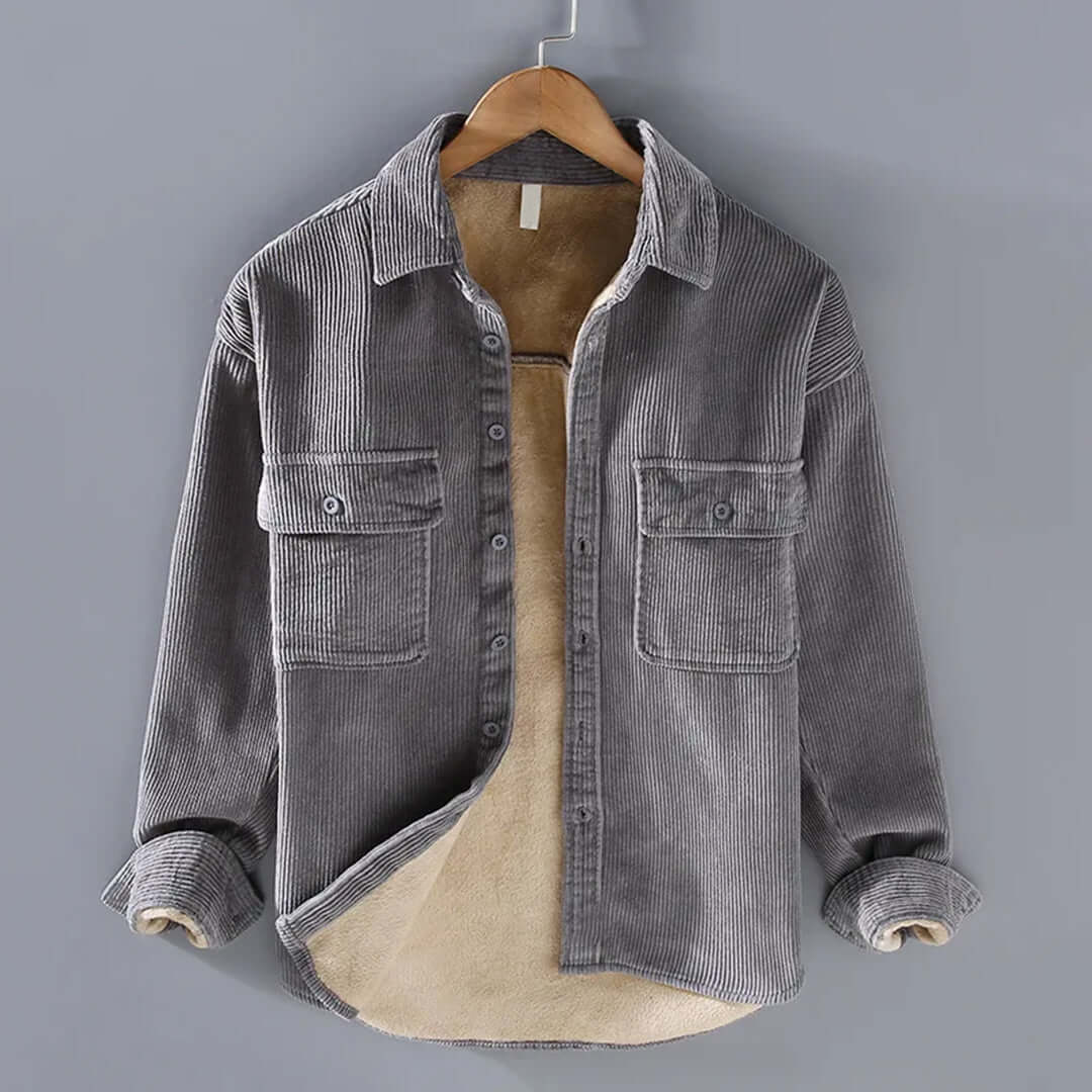 Corduroy Shirt | Fleece Lined | Button-Up | Winter Overshirt | Men's Overshirt-Overshirts-Chaps London-Grey-M-Chaps London
