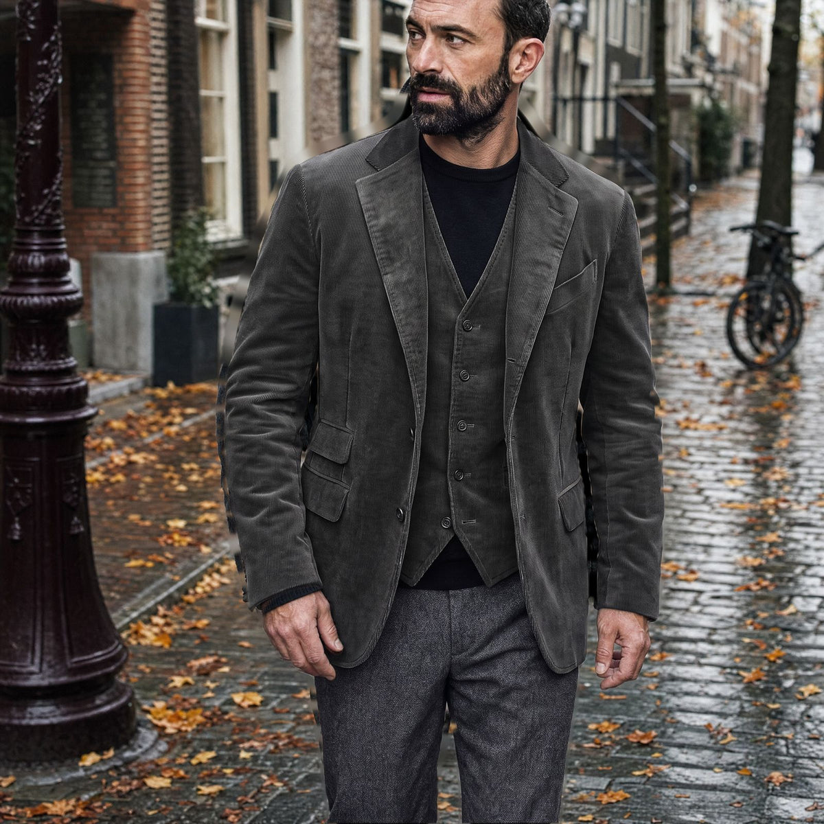 Man walking down an autumn street in a charcoal corduroy jacket with notch lapels over a matching waistcoat | Chaps London