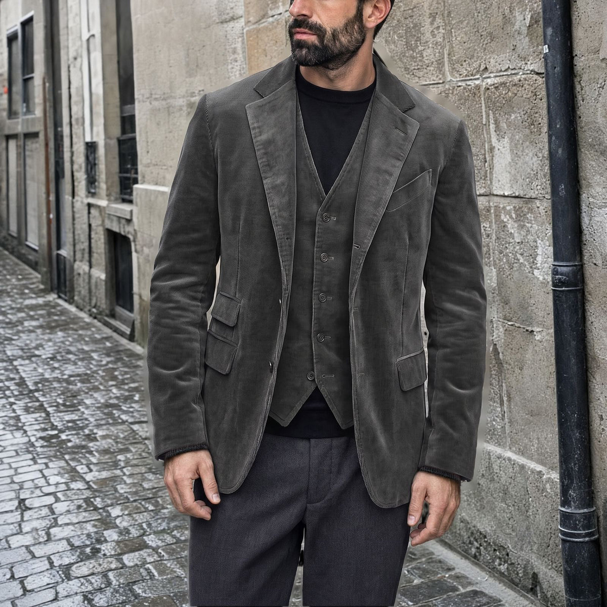 Man in a charcoal corduroy jacket and matching corduroy waistcoat standing by a stone wall | Chaps London