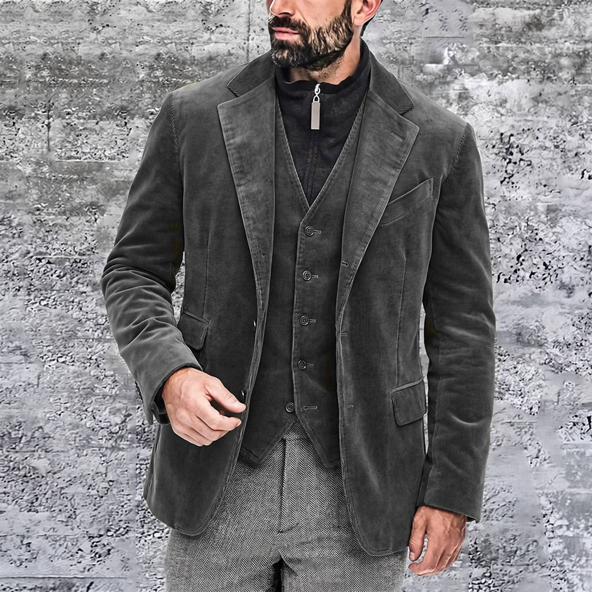 Man wearing a grey corduroy jacket with notch lapels over a matching corduroy waistcoat | Chaps London