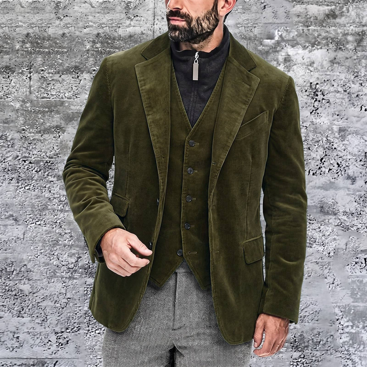 Man wearing an olive green corduroy jacket with notch lapels over a matching corduroy waistcoat | Chaps London