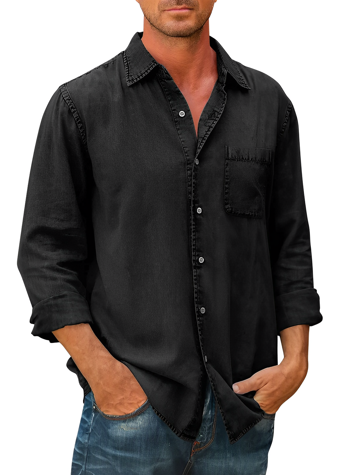 Denim Shirt | Collared | Button-Up | Long Sleeve Shirt | Men's Clothing-Shirts-Chaps London-Black-S-Chaps London