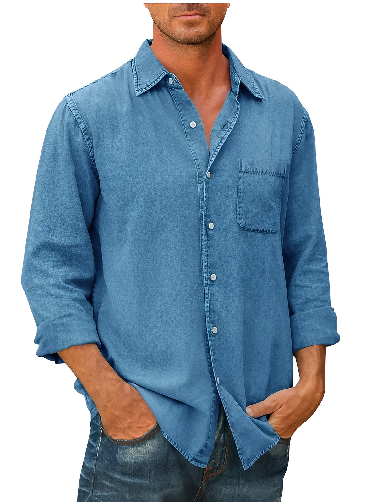 Denim Shirt | Collared | Button-Up | Long Sleeve Shirt | Men's Clothing-Shirts-Chaps London-Blue-S-Chaps London