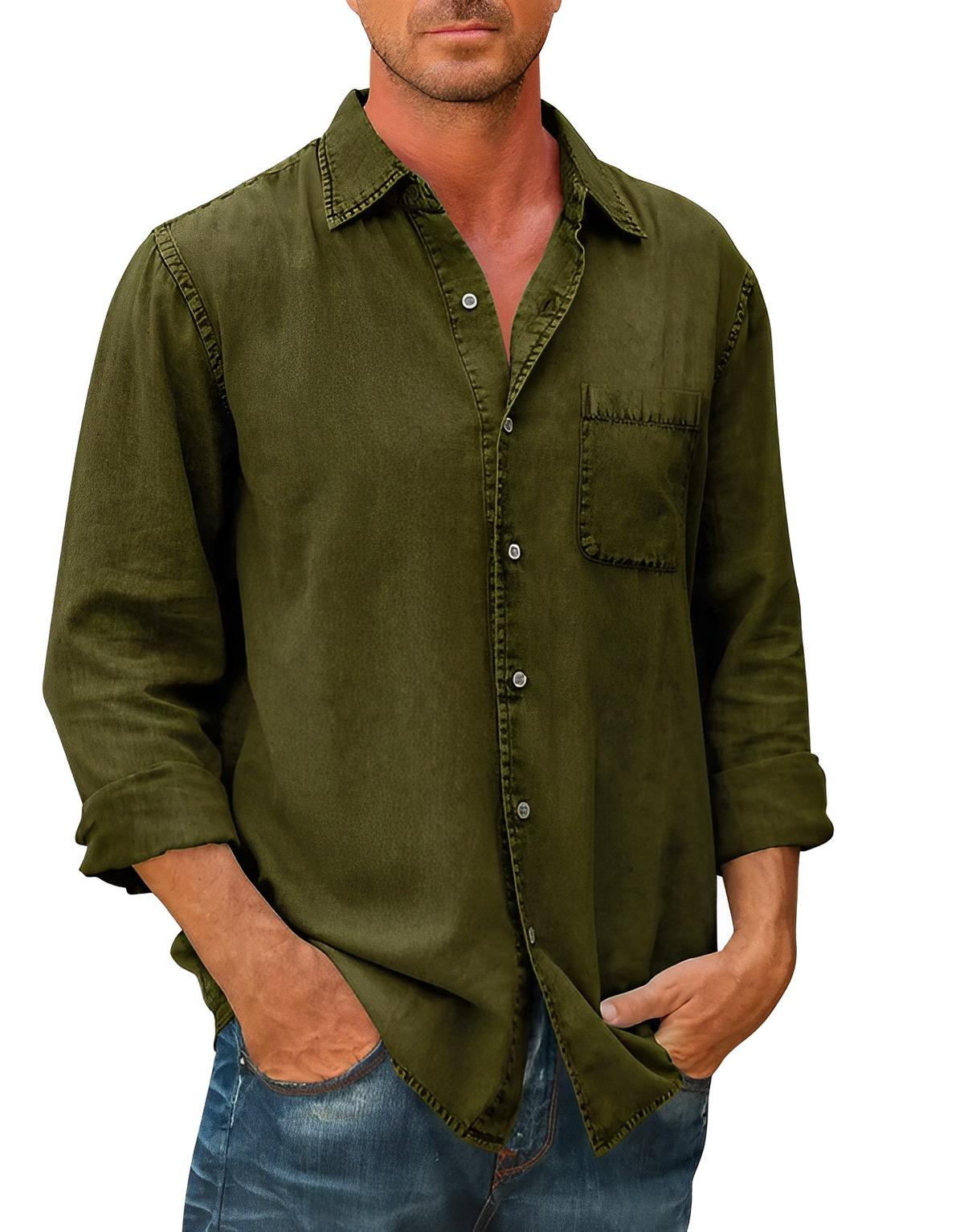 Denim Shirt | Collared | Button-Up | Long Sleeve Shirt | Men's Clothing-Shirts-Chaps London-Green-S-Chaps London