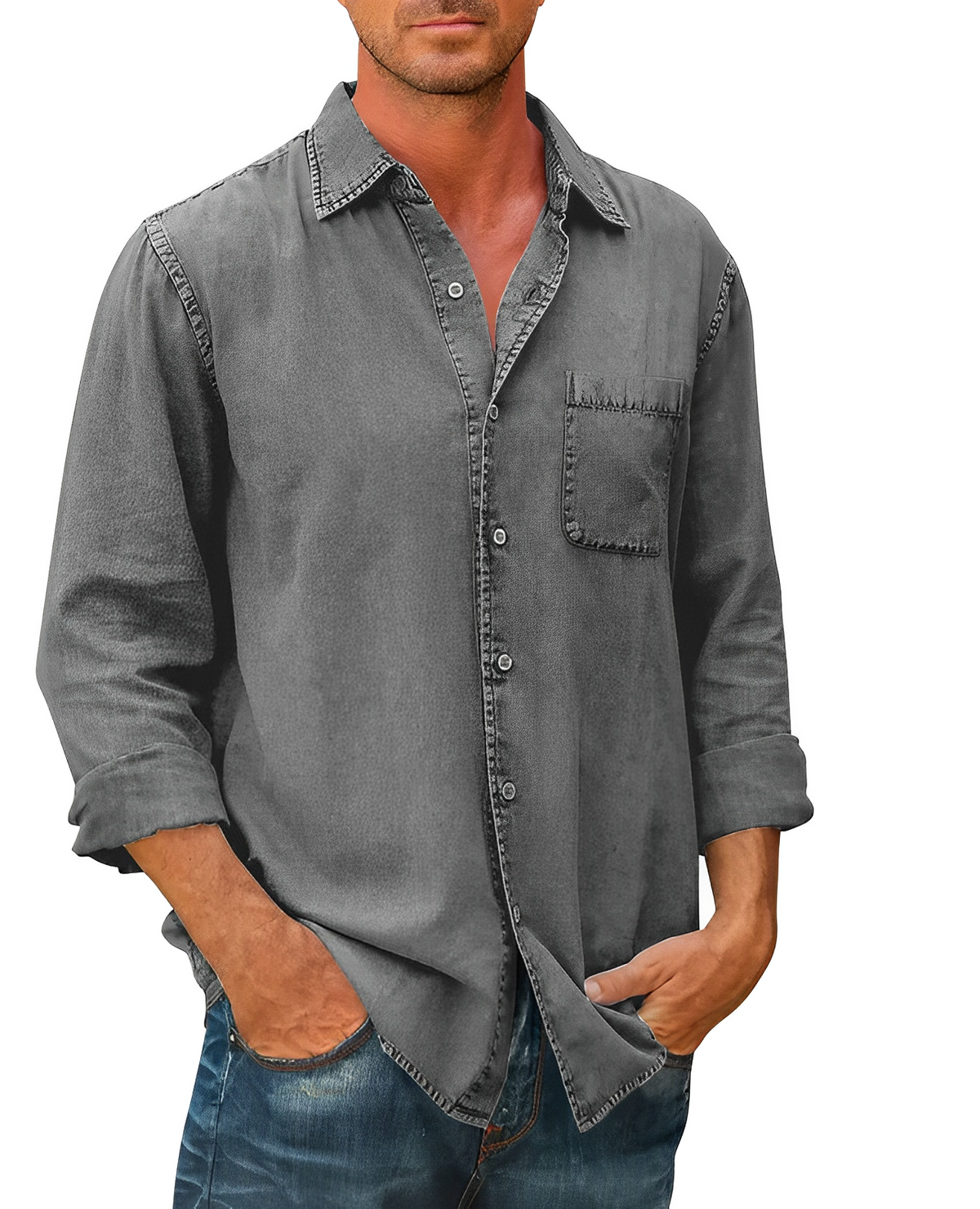 Denim Shirt | Collared | Button-Up | Long Sleeve Shirt | Men's Clothing-Shirts-Chaps London-Grey-S-Chaps London