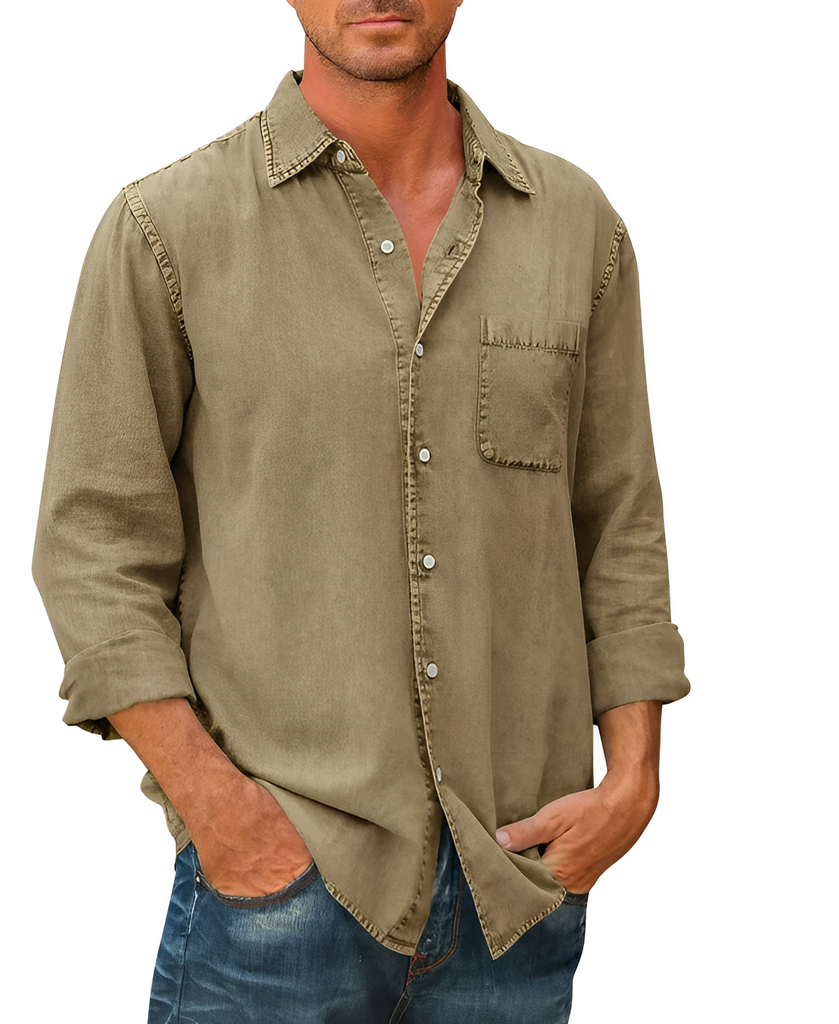 Denim Shirt | Collared | Button-Up | Long Sleeve Shirt | Men's Clothing-Shirts-Chaps London-Khaki-S-Chaps London