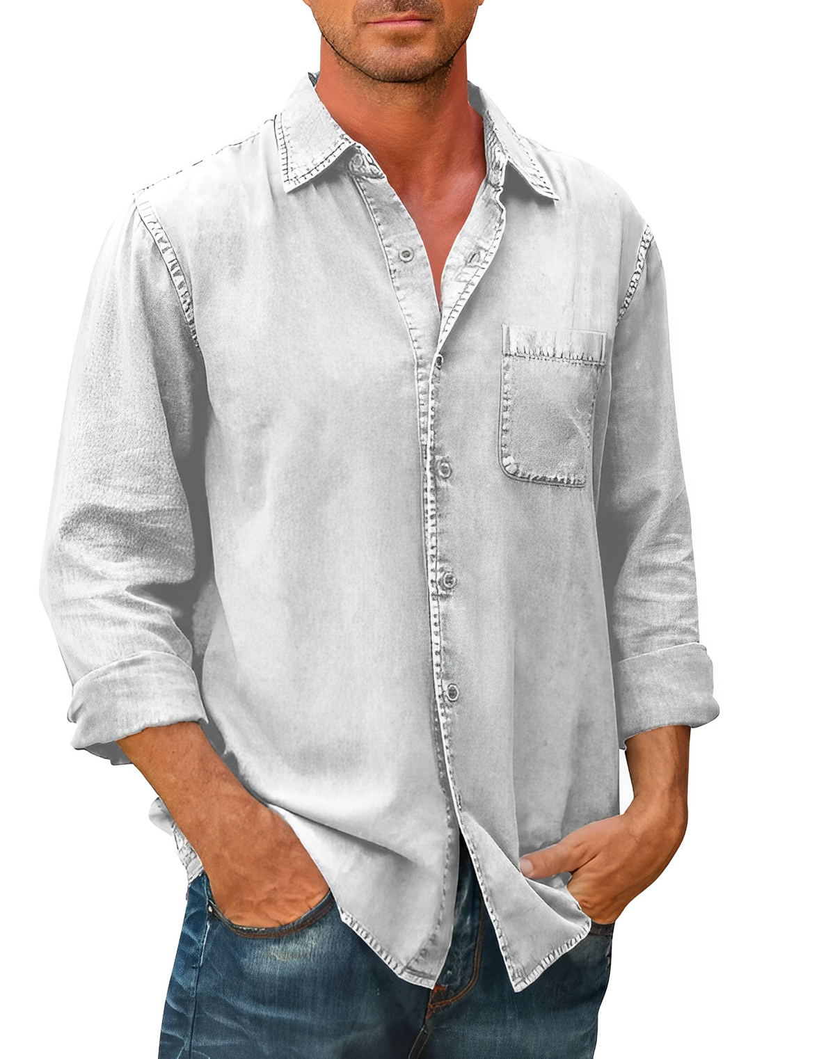 Denim Shirt | Collared | Button-Up | Long Sleeve Shirt | Men's Clothing-Shirts-Chaps London-White-S-Chaps London