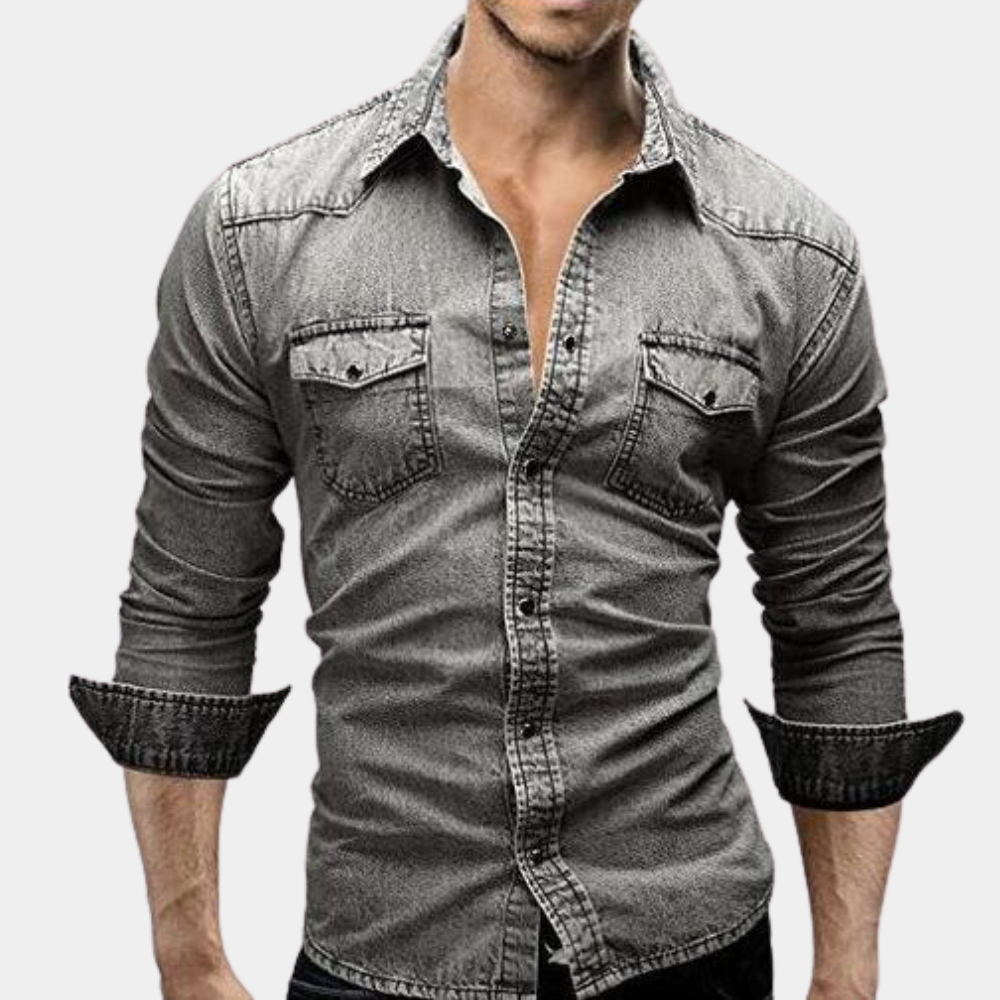 Denim Shirt - Slim Fit - Long Sleeve - Buttoned Up Shirt - Men's Shirts-Fashion Men Shirt Denim All-year-Chaps London-Light Gray-M-Chaps London