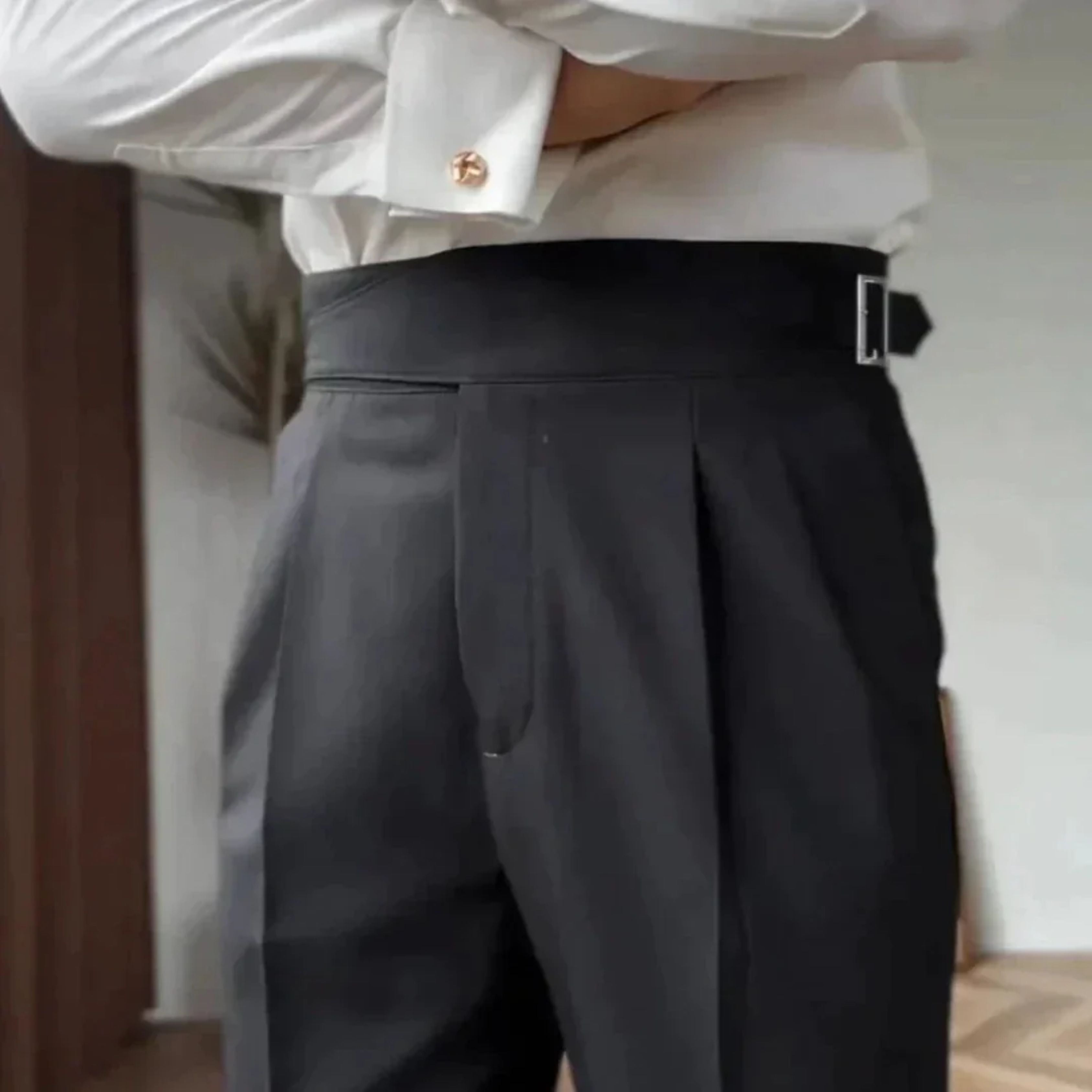 Dress Pants - Adjustable - High Waisted - Pleated Trousers - Men's Trousers-Trousers-Chaps London-Black-28-Chaps London