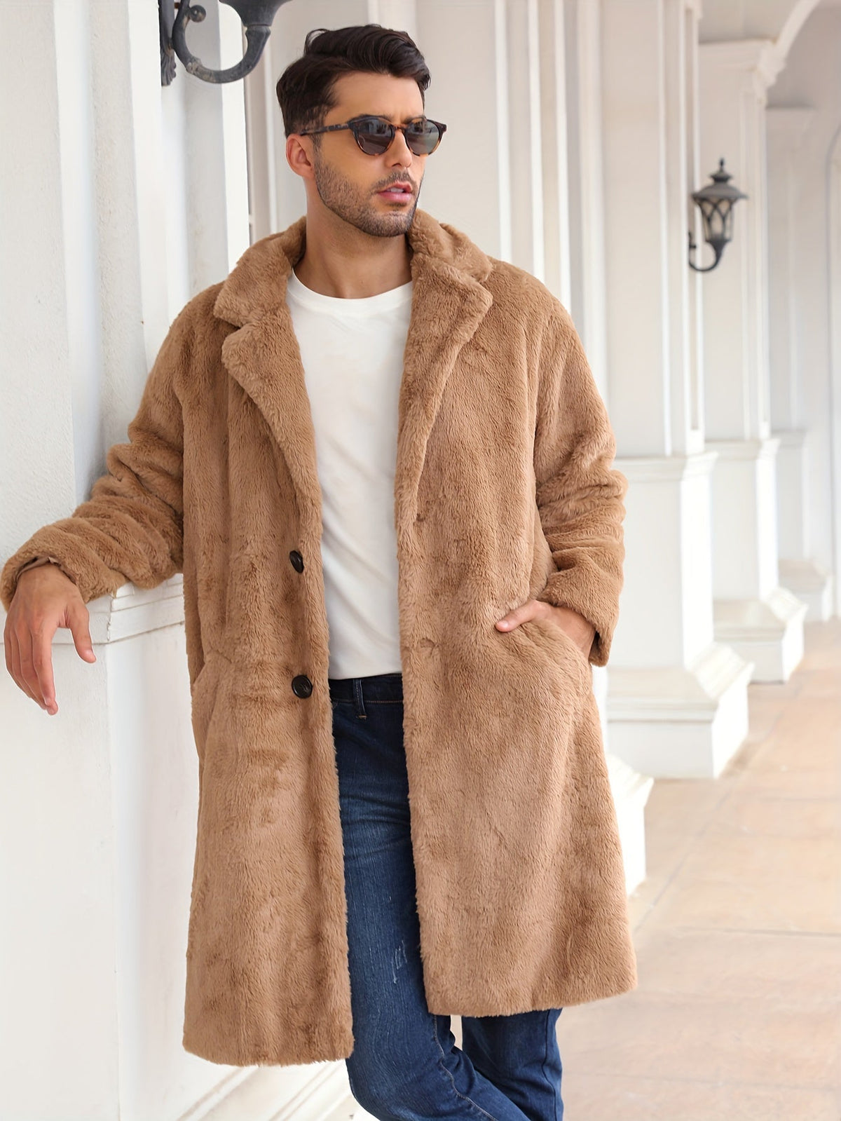 Faux Fur Coat - Men's Fluffy Mid Length Fake Fur Winter Coat-Coats & Jackets-Chaps London-Beige-S-Chaps London