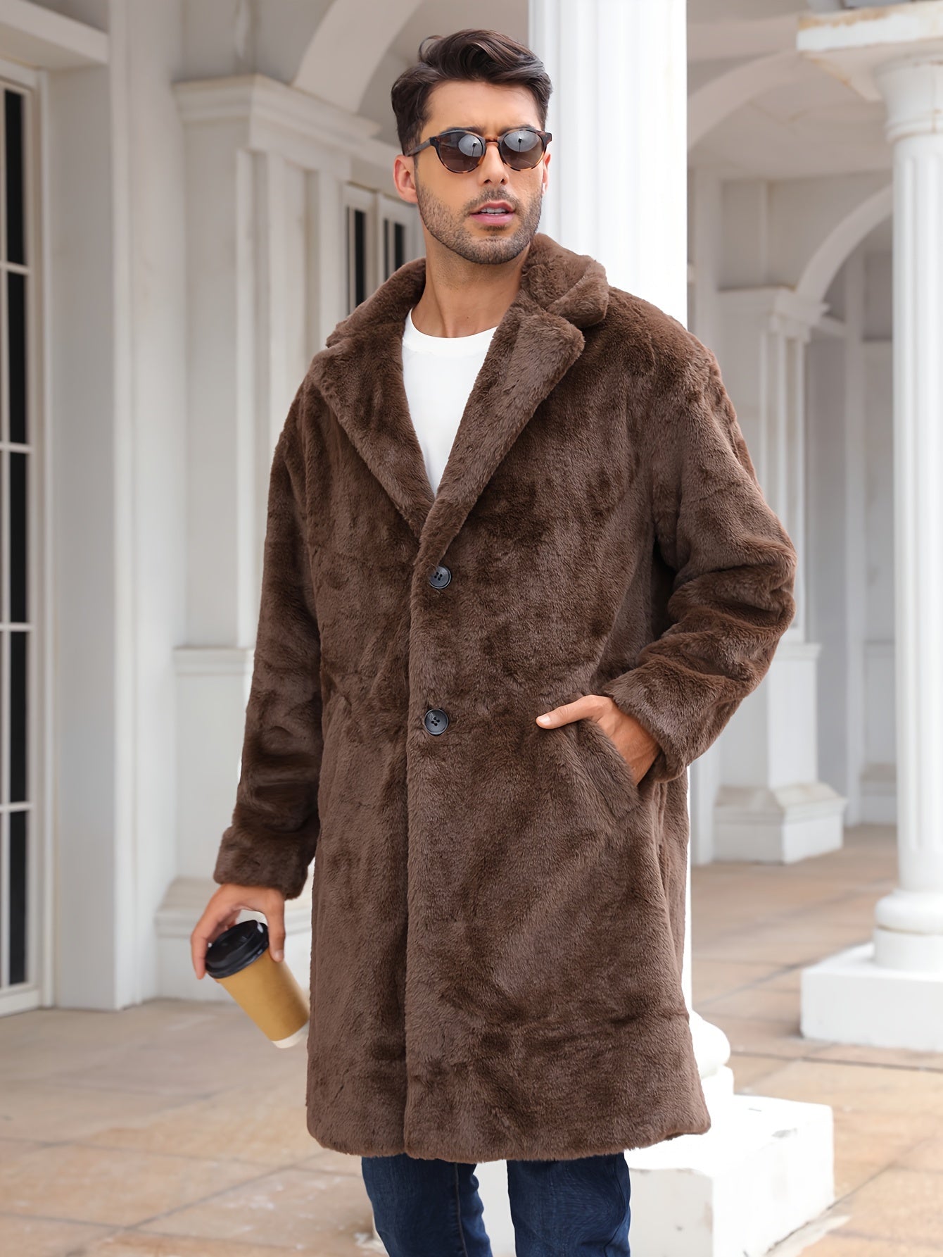 Faux Fur Coat - Men's Fluffy Mid Length Fake Fur Winter Coat-Coats & Jackets-Chaps London-Brown-S-Chaps London
