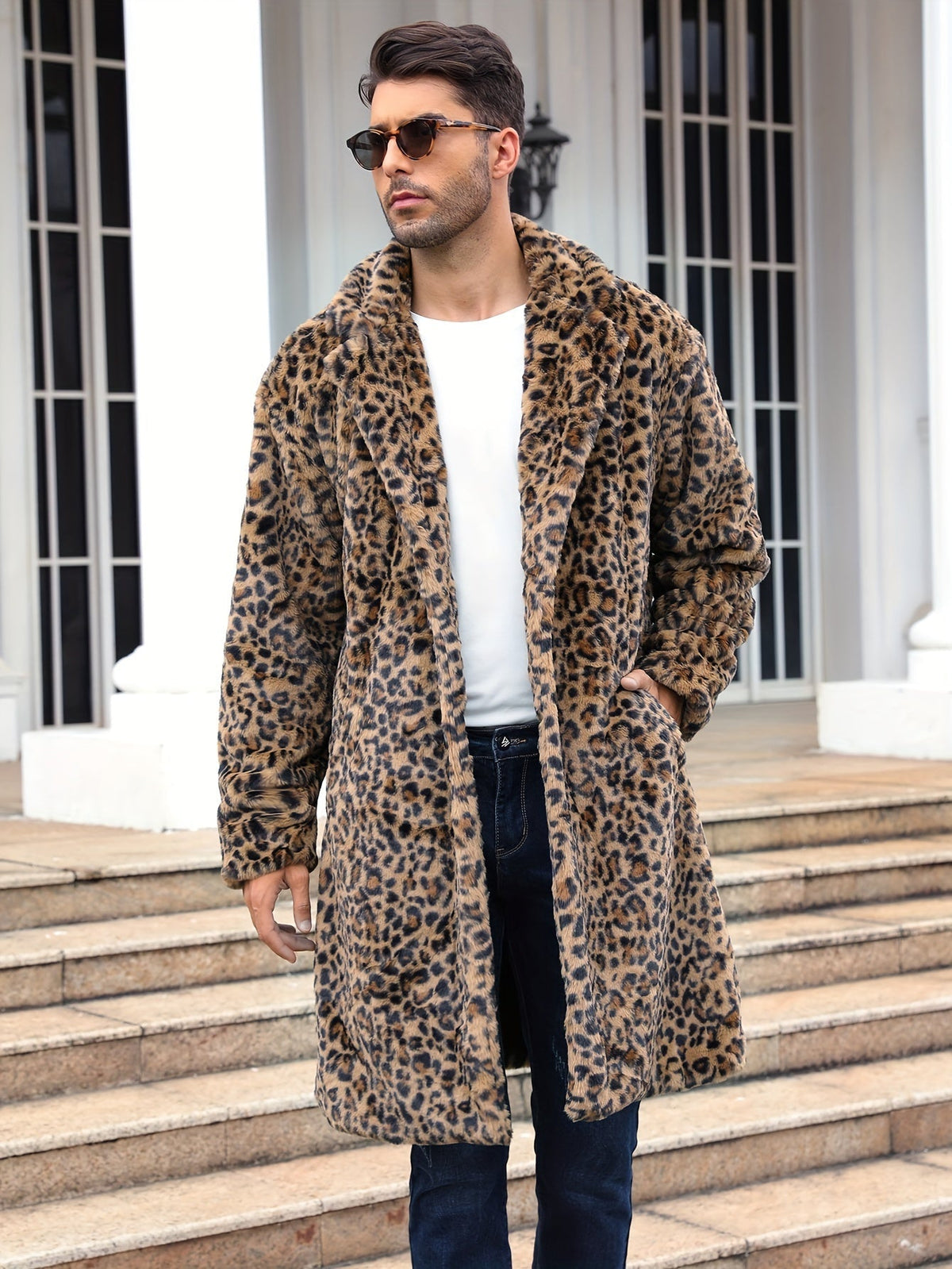 Faux Fur Coat - Men's Fluffy Mid Length Fake Fur Winter Coat-Coats & Jackets-Chaps London-Panther Print-S-Chaps London