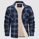 Navy blue plaid flannel jacket with sherpa fleece lining, unworn flat display | Chaps London