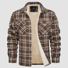 Brown plaid flannel jacket with fleece lining, worn by a person | Chaps London