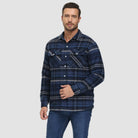 Man wearing navy blue plaid flannel overshirt jacket with buttoned chest pockets | Chaps London