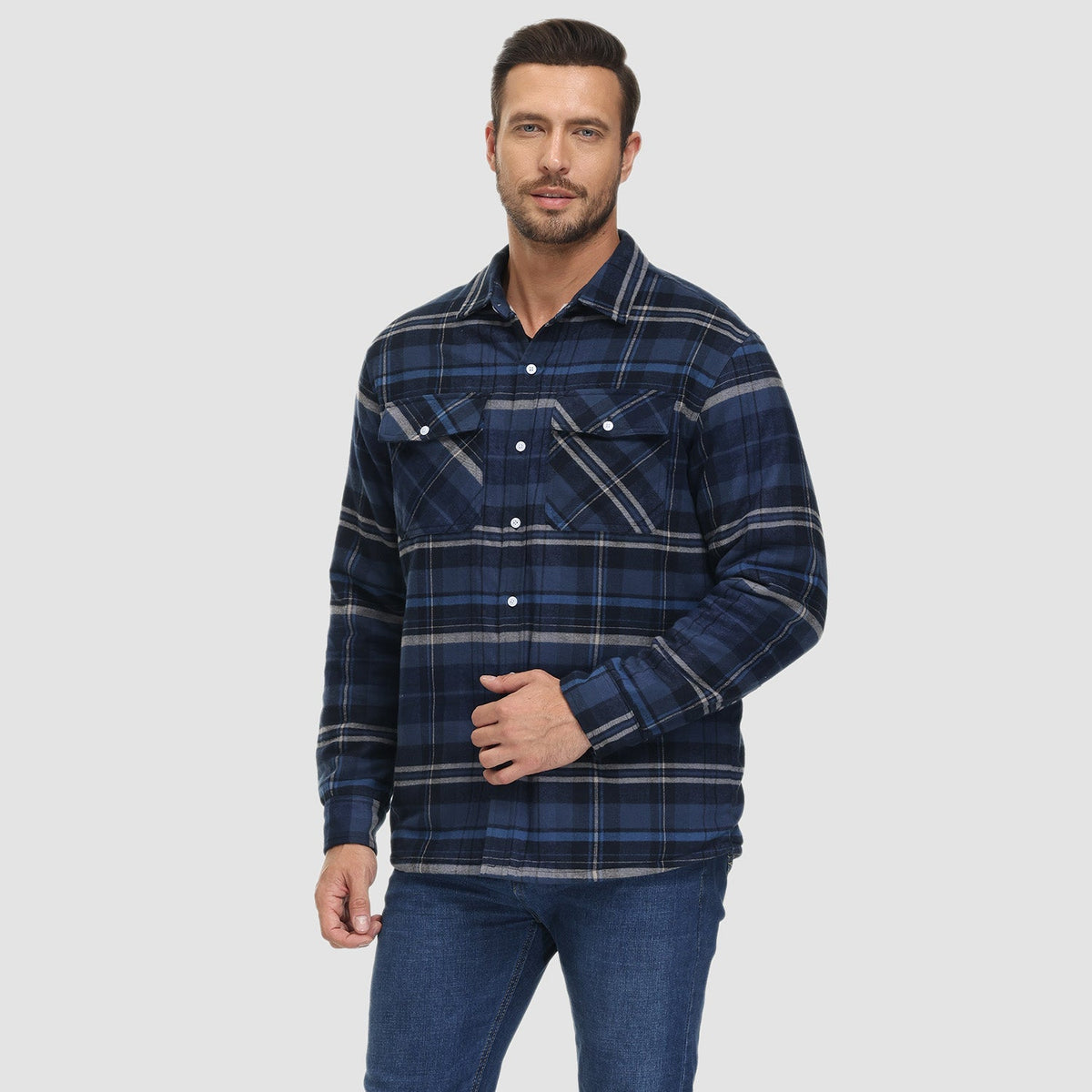 Man wearing navy blue plaid flannel overshirt jacket with buttoned chest pockets | Chaps London