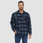 Man wearing navy blue plaid flannel shirt jacket with jeans | Chaps London