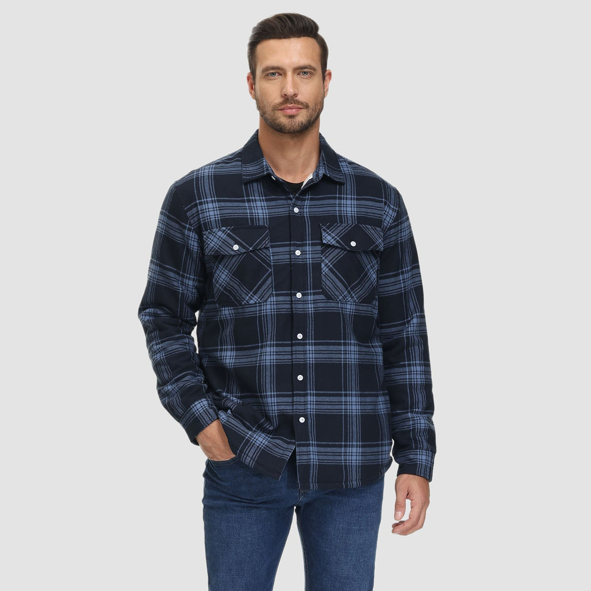 Man wearing navy blue plaid flannel shirt jacket with jeans | Chaps London