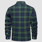Green and navy plaid flannel overshirt jacket, back view, worn by person | Chaps London