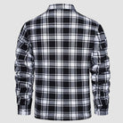 Black and white plaid flannel shirt jacket, worn, back view shown | Chaps London