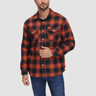 Man wearing red and black plaid flannel shirt jacket with jeans | Chaps London