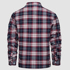 Red navy plaid flannel overshirt jacket worn by person, back view | Chaps London