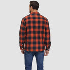 Man wearing red and black plaid flannel shirt, rear view, jeans | Chaps London