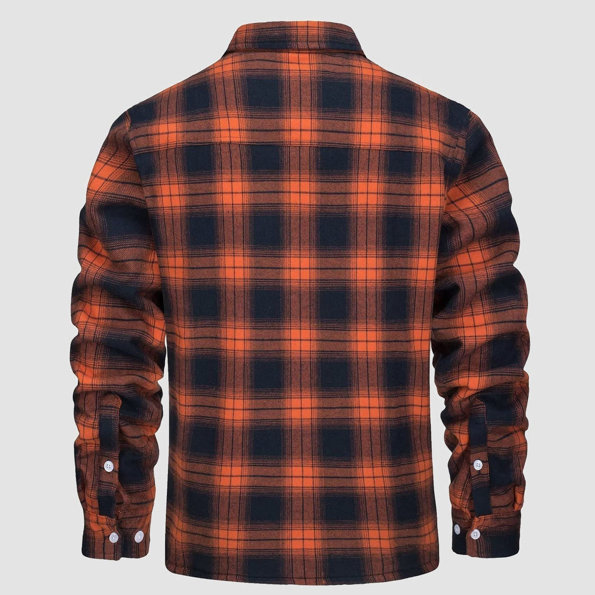 Orange and navy plaid flannel shirt, back view, long sleeve buttoned | Chaps London