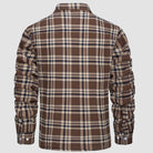Brown plaid flannel overshirt jacket, back view, worn by person, long sleeves | Chaps London