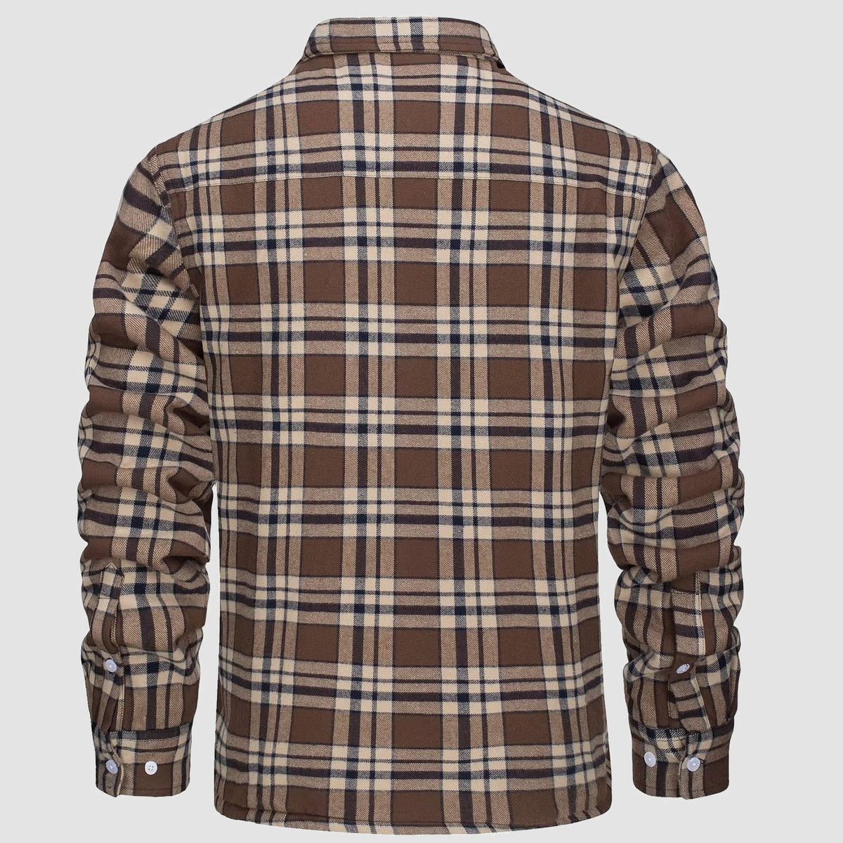 Brown plaid flannel overshirt jacket, back view, worn by person, long sleeves | Chaps London