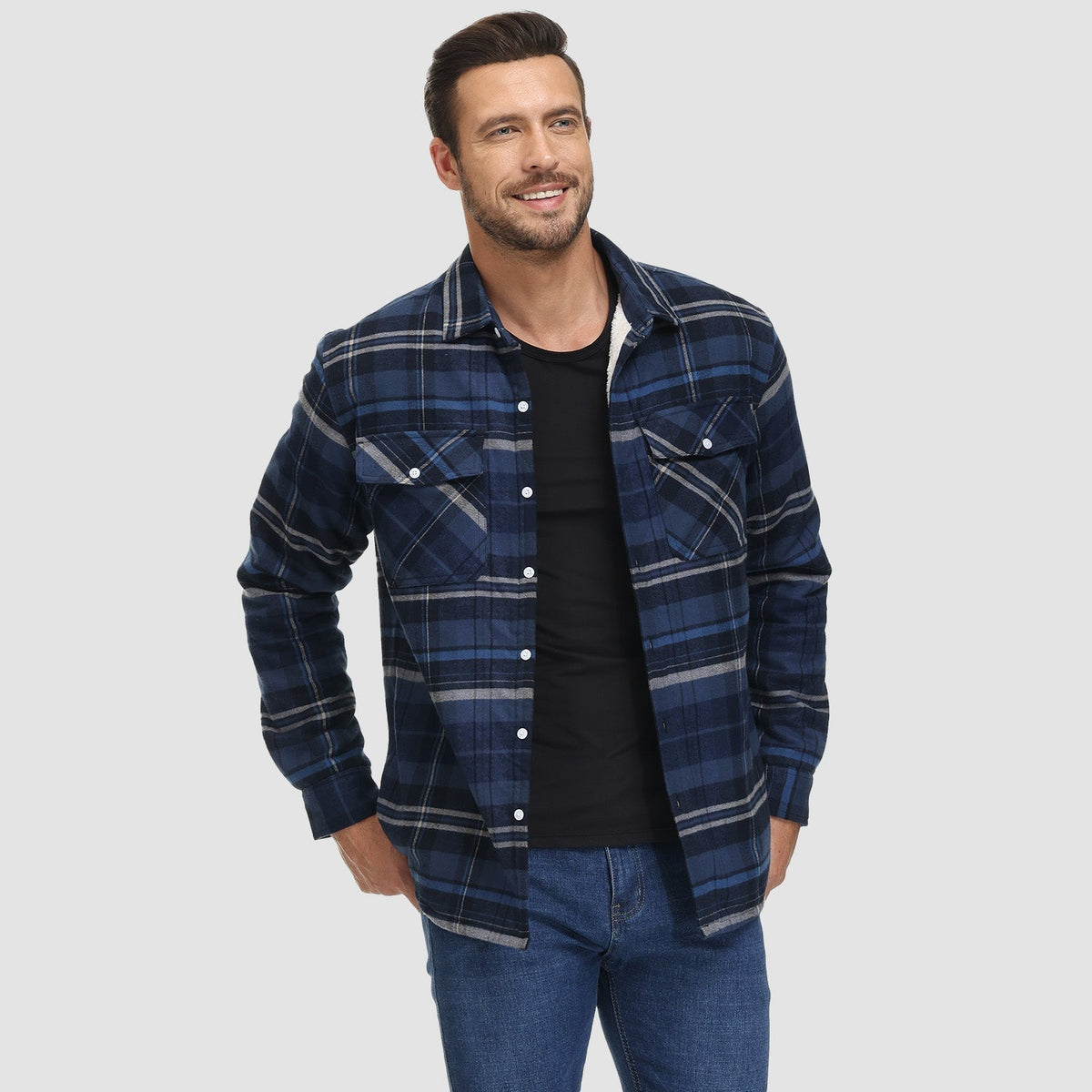 Man wearing blue plaid flannel snap-button shirt jacket with jeans | Chaps London