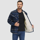 Man wearing navy plaid flannel jacket with cream fleece lining open | Chaps London