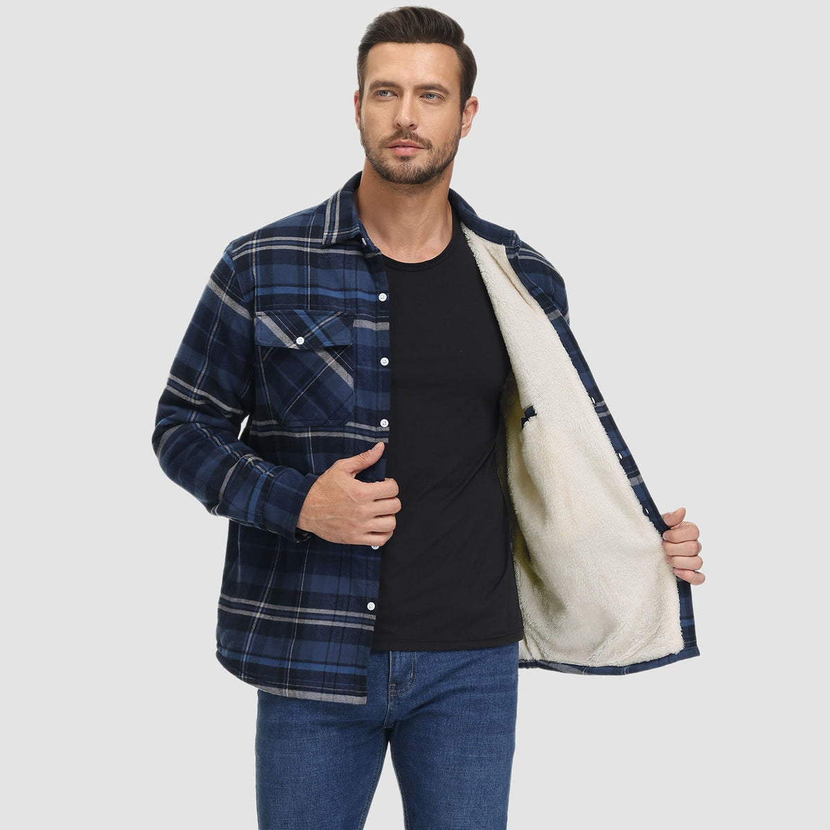 Man wearing navy plaid flannel jacket with cream fleece lining open | Chaps London